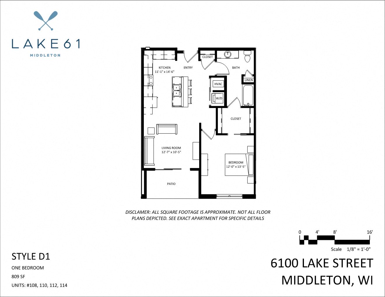 Floor plan for 1 bed, 1 bath, 809 sqft